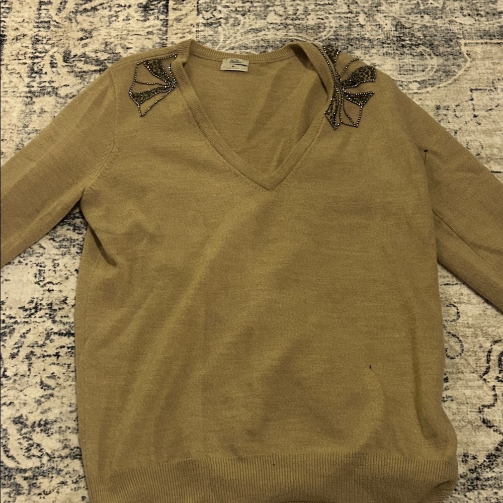 Elegant V-Neck Sweater with Embellished Shoulders